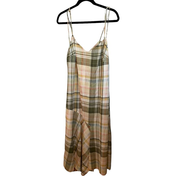 Zara TRF Pink, Green, Cream Plaid Check Satin Midi Maxi sun dress - Picture 5 of 13